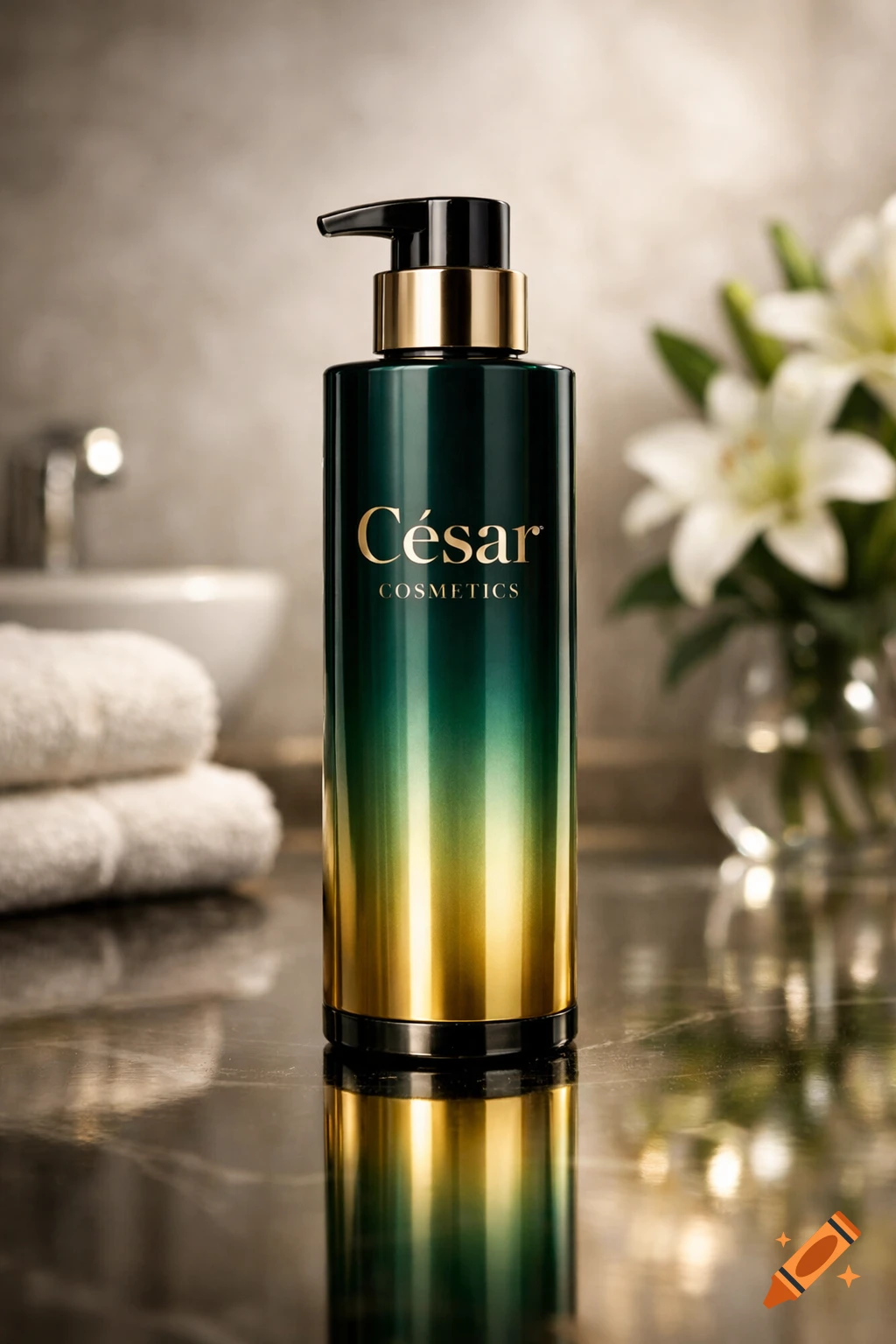 A dark green and gold gradient pump bottle of César Cosmetics on a marble counter, with white towels and flowers in the background.
