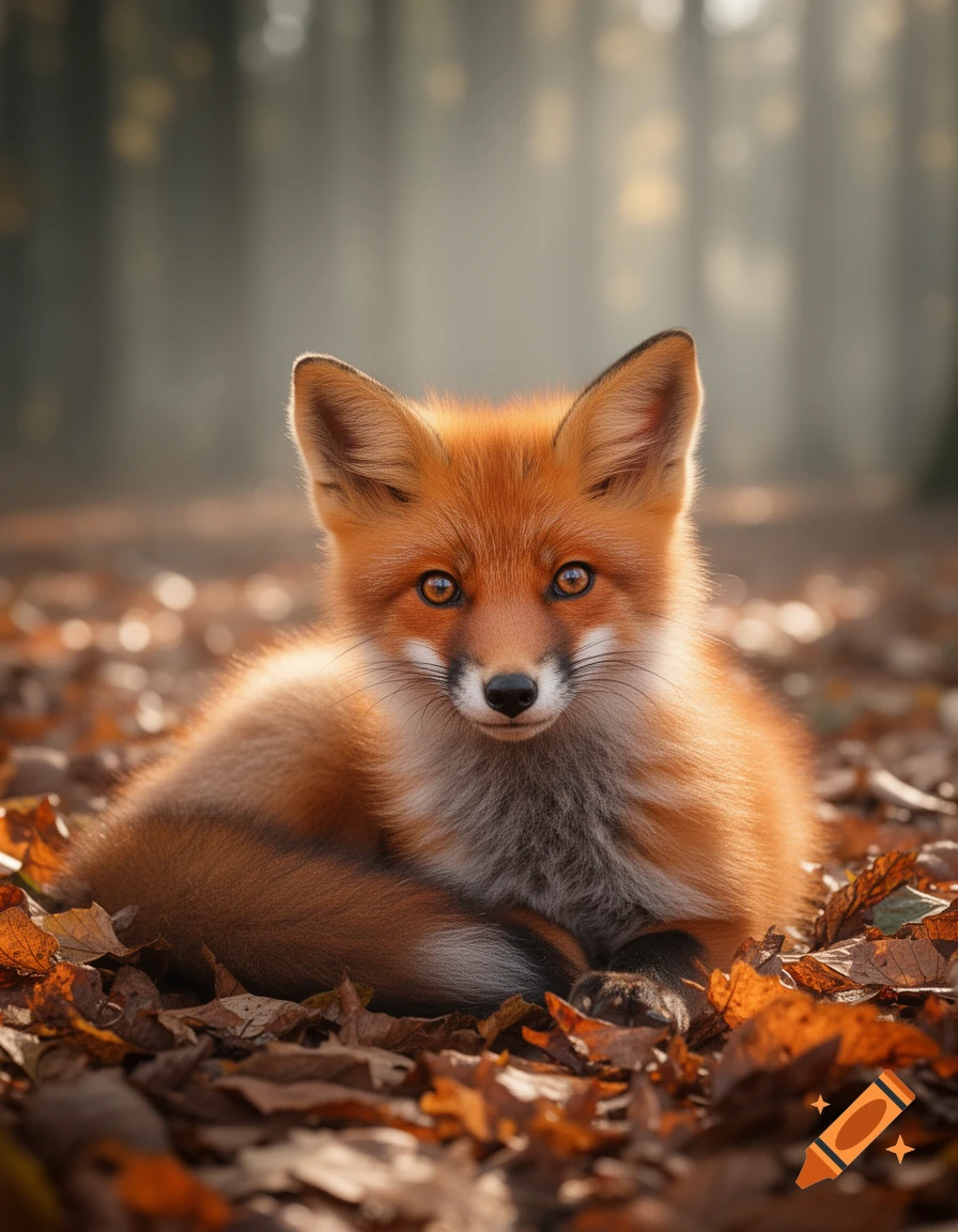 A cute red fox with bright eyes rests on a bed of autumn leaves in a sunlit forest.