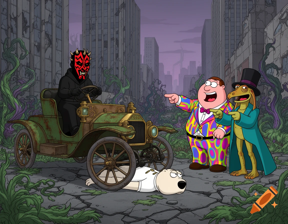 Darth Maul drives an old green car in an apocalyptic city, while Peter Griffin and Jar Jar Binks laugh at Brian the dog lying on the ground. Cartoon style.