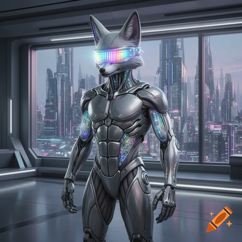 A futuristic protogen with a glowing visor and metallic body, adorned with colorful circuits, stands in a room overlooking a cyberpunk city.