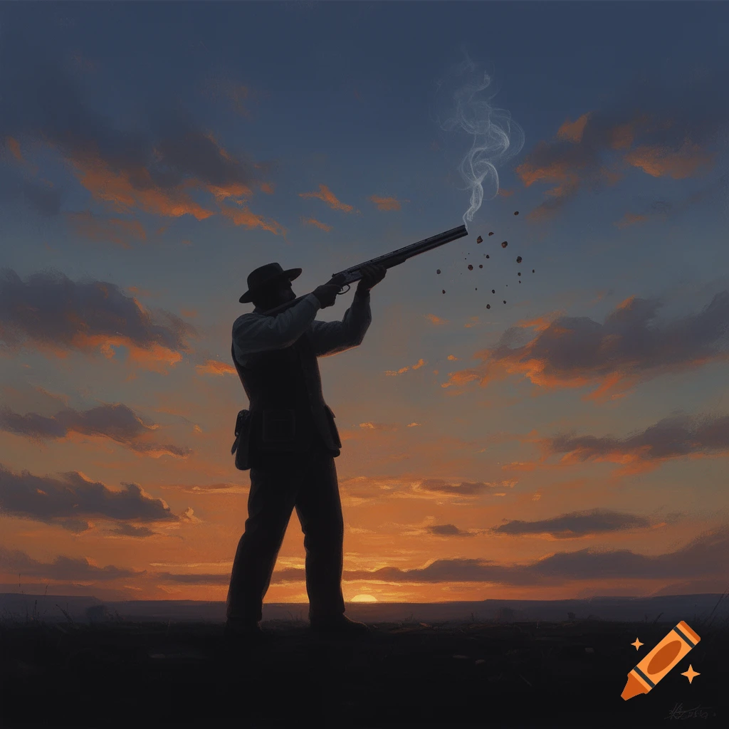 Silhouette of a person shooting a shotgun into the air, with smoke and ejected shell casings against an orange and blue sunset sky.