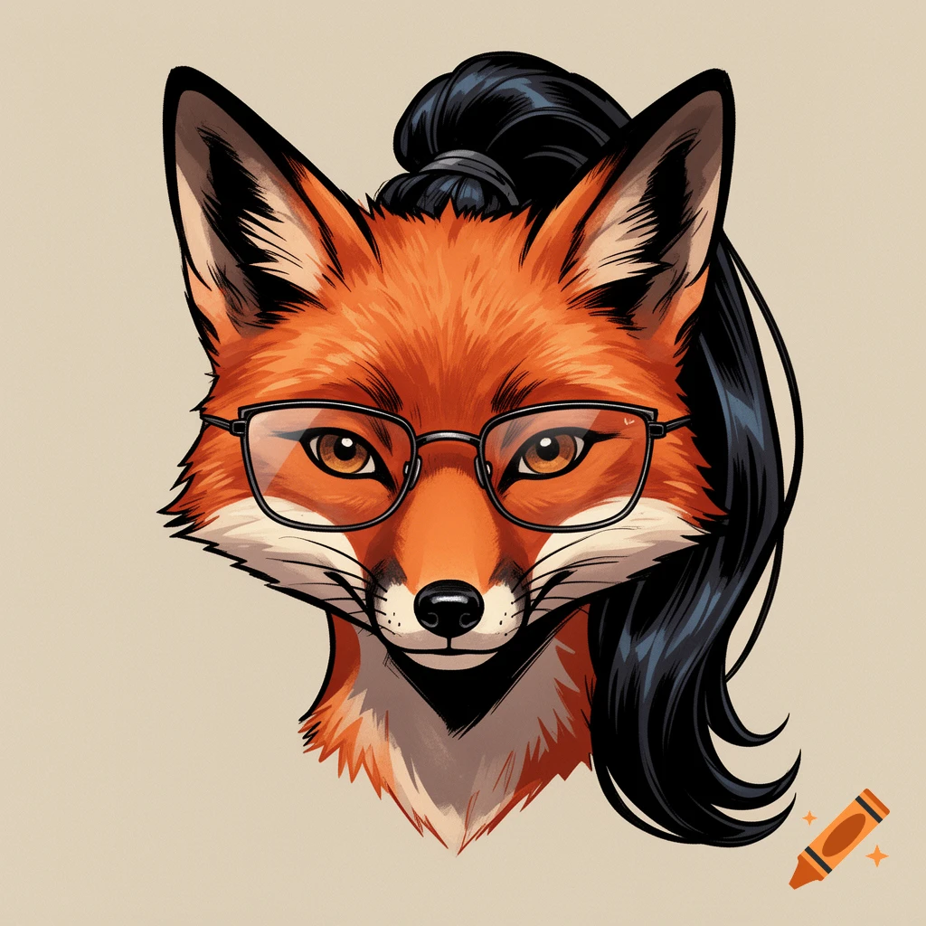 Comic-style illustration of an anthropomorphic fox wearing glasses with black hair in a ponytail.
