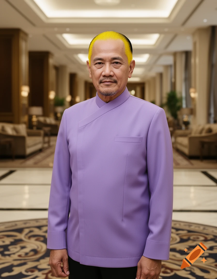A man with yellow hair and a lavender uniform stands in a luxurious hotel lobby.