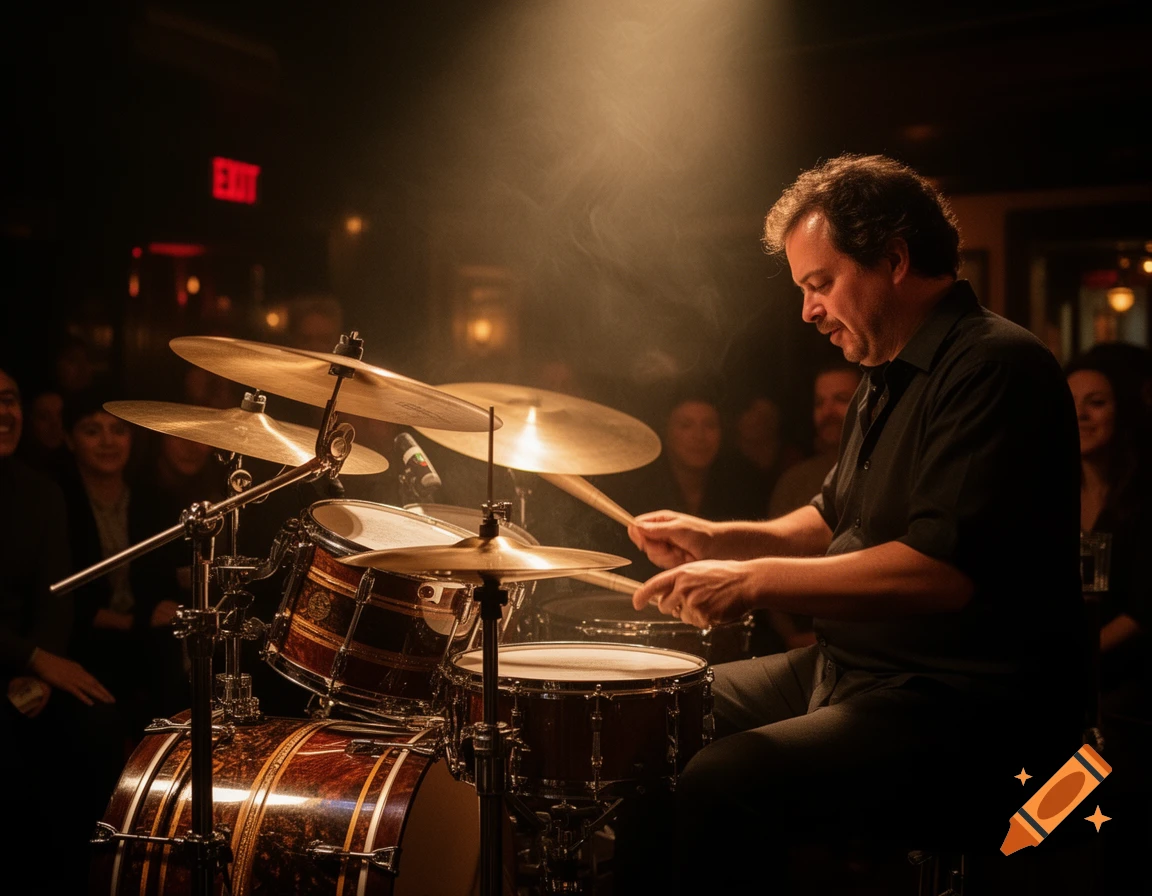 A male drummer plays a drum kit on a dark stage, illuminated by a warm spotlight, with an audience in the blurry background.