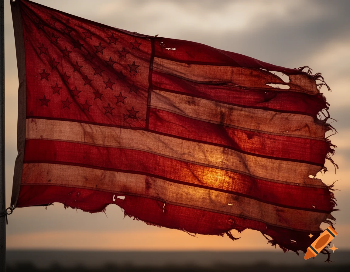 A tattered, all-red American flag with outlined stars, blowing in the wind against a sunset sky.