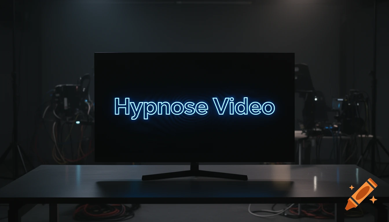 A monitor displaying blue neon text "Hypnose Video" in a dark studio setting with blurry equipment.