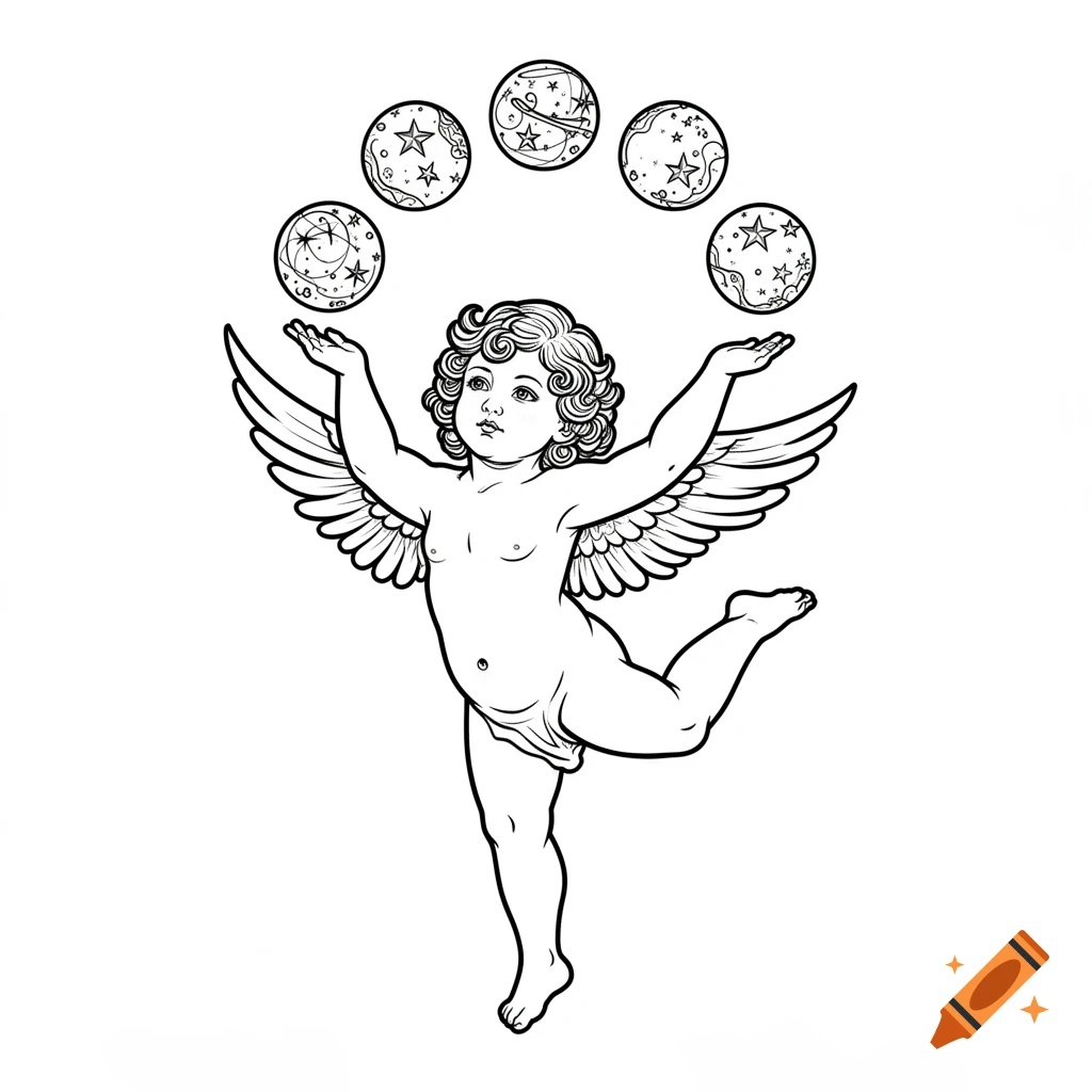 Line art illustration of a cherub with wings juggling five celestial spheres while balancing on one foot.