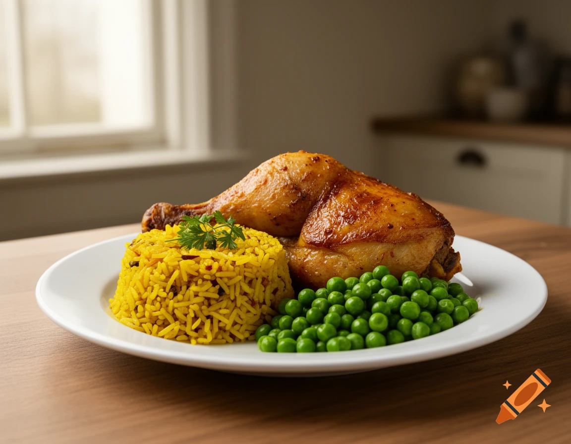 A close-up of a white plate holding a roasted chicken leg and thigh, a mound of yellow curry rice, and green peas on a wooden table.