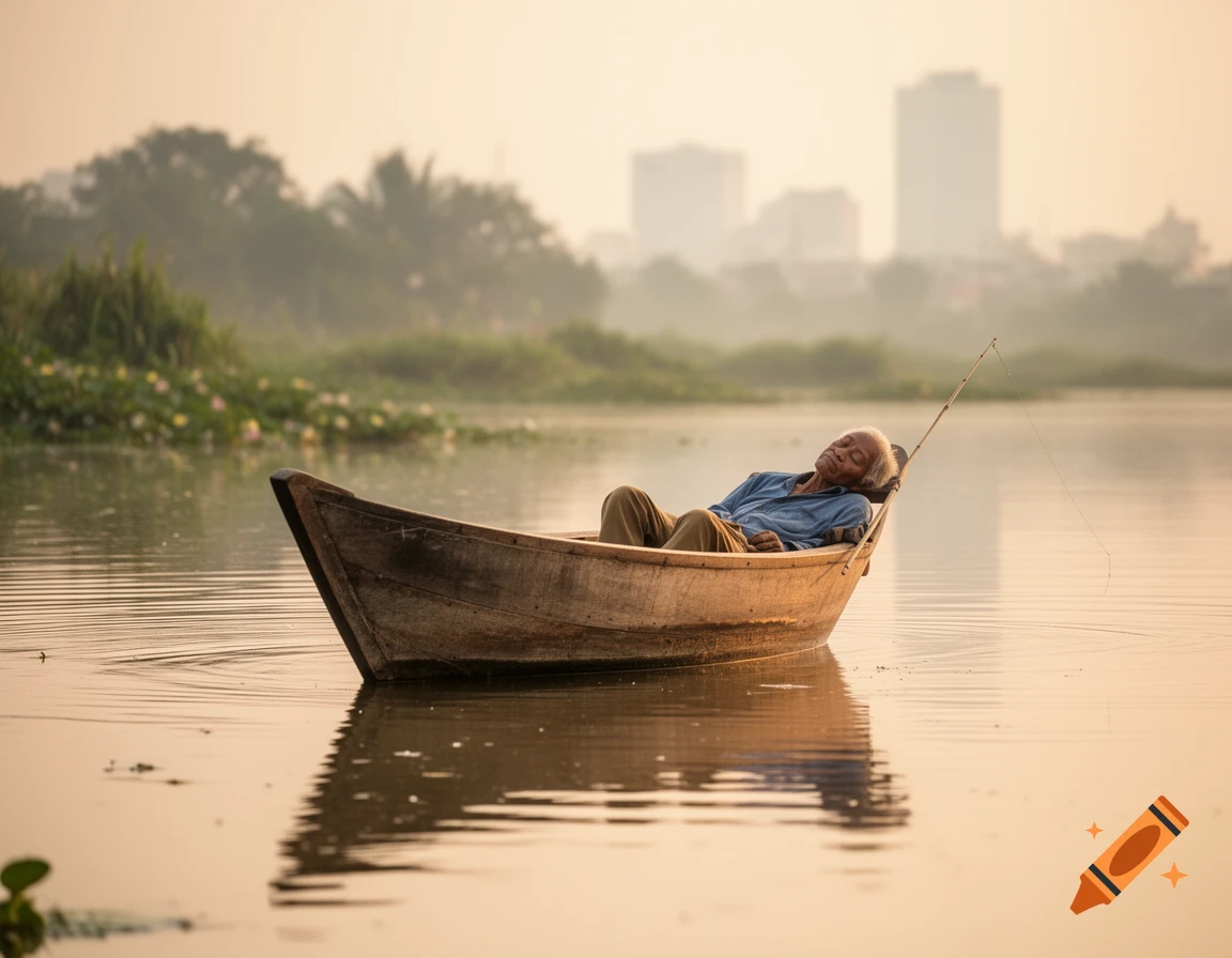 An old man sleeps peacefully in a wooden fishing boat on calm water, with a hazy distant cityscape and lush bank in the background.