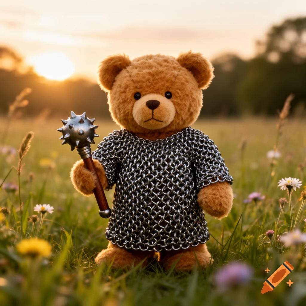 A photorealistic teddy bear in chainmail holding a mace stands in a grassy field with wildflowers at sunset.