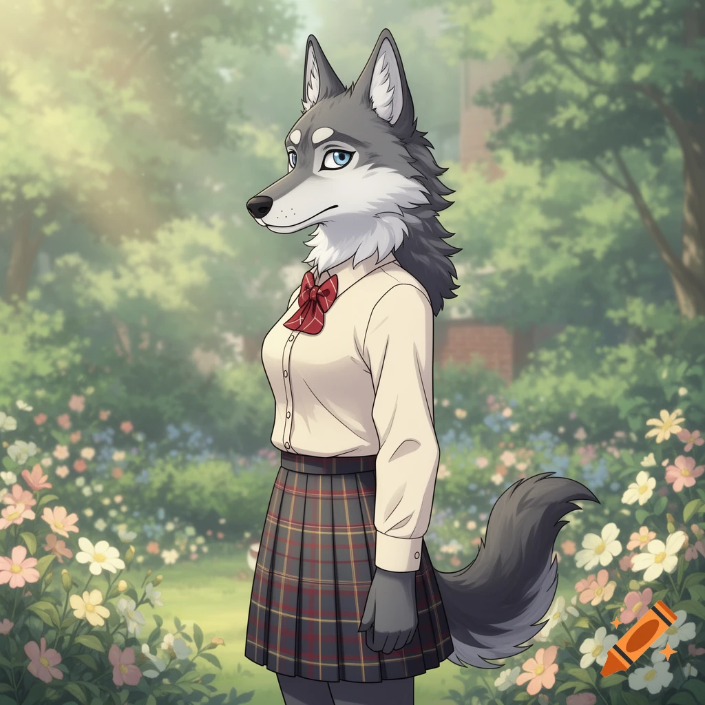 An anthropomorphic gray wolf character in an anime style, wearing a school uniform with a red bow tie and plaid skirt, standing in a garden.