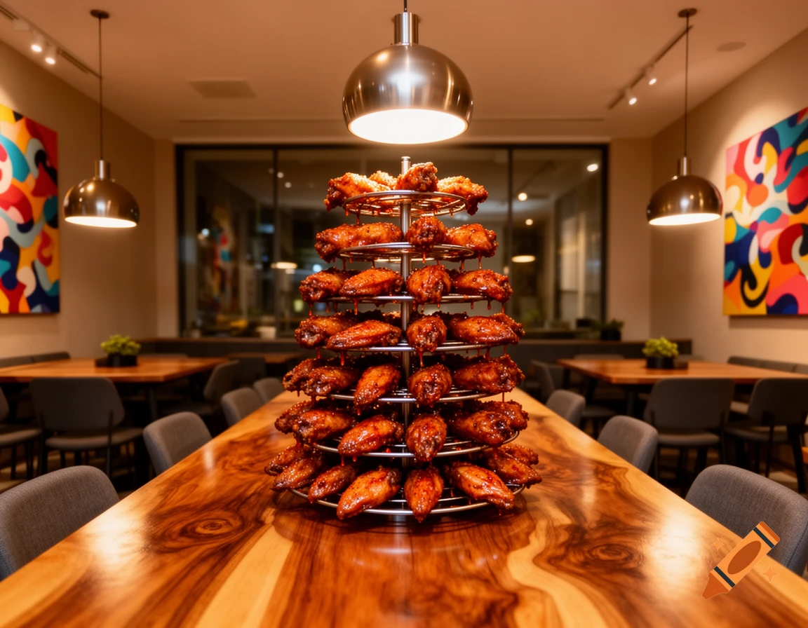 A tall, tiered rack of glistening chicken wings on a wooden table in a well-lit modern dining room.
