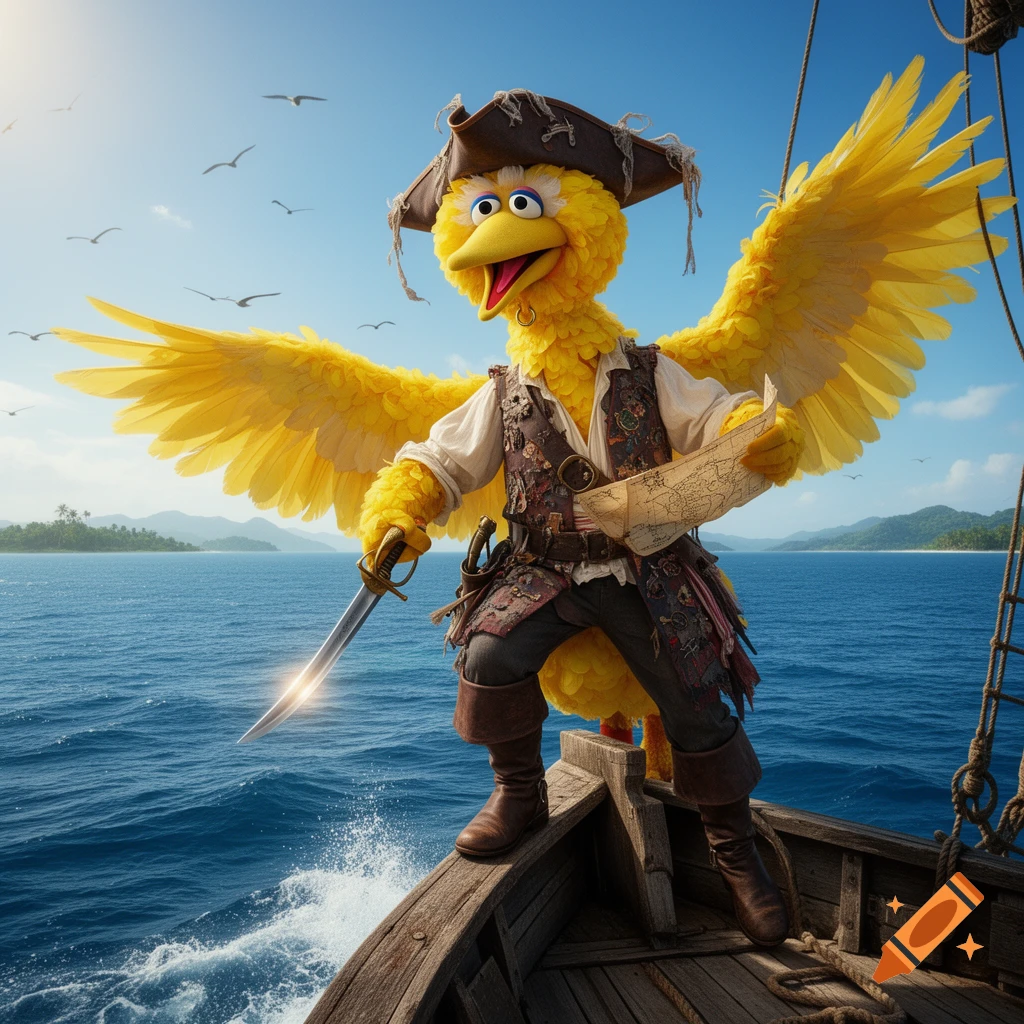Photorealistic Big Bird dressed as an adventurous pirate, holding a sword and map on a wooden ship at sea under a sunny sky.