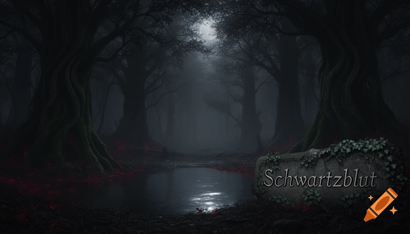A dark, misty forest scene at night with a full moon reflecting in a pond. Red glowing ground elements and a moss-covered stone with 'Schwartzblut' text.
