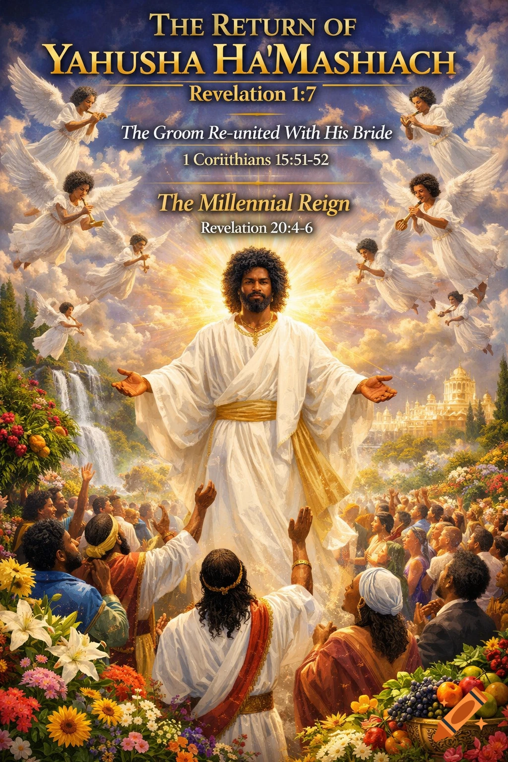 A radiant black man with woolly hair and white robes stands with open arms, surrounded by a worshipping crowd, angels, and a lush paradise.