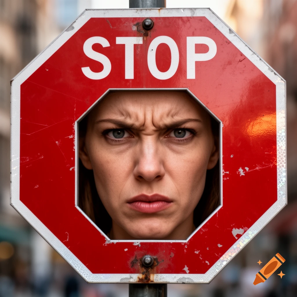 An angry woman's face looks out from a cutout in the center of a red stop sign. Photorealistic.