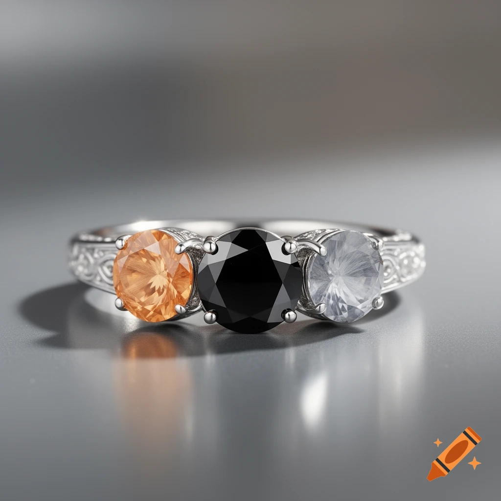 Close-up of a silver ring with an orange, a black, and a white gemstone on a reflective grey surface.
