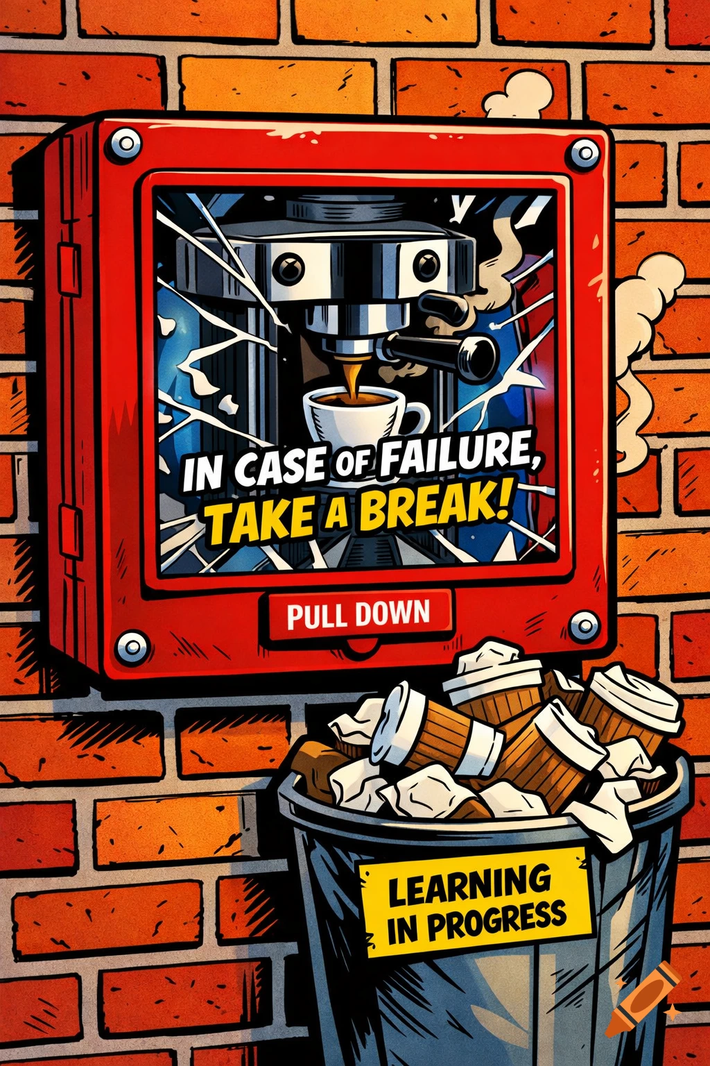 A comic book style illustration of a red fire alarm box with a coffee machine inside, text "IN CASE OF FAILURE, TAKE A BREAK!", next to a bin of coffee cups with "LEARNING IN PROGRESS".