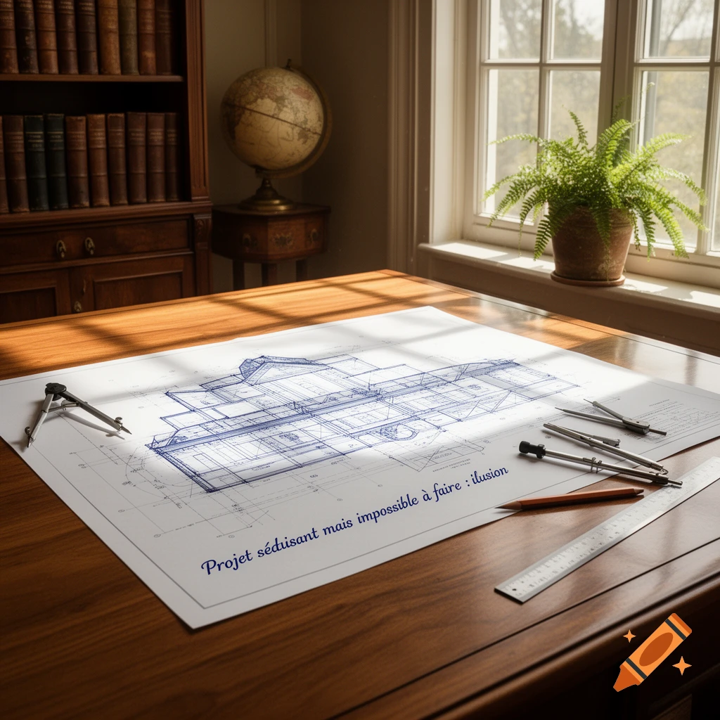 A detailed architectural blueprint on a wooden desk with drawing tools, a globe, and a bookshelf in a sunlit study.