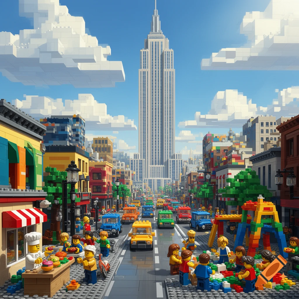 A vibrant Lego city street scene with an Empire State Building replica, cars, and minifigures.