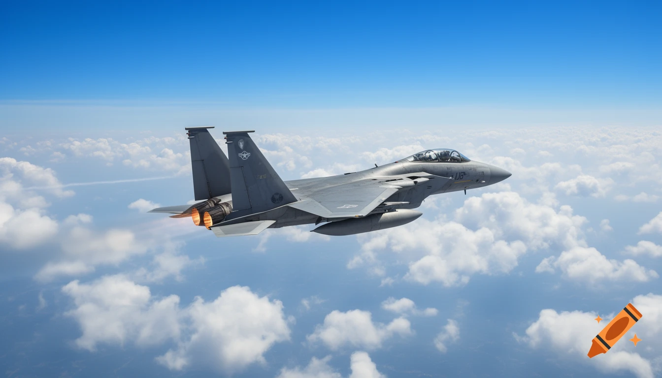 A photorealistic F-15 fighter jet flies through a bright blue sky with scattered white clouds, engine exhaust glowing orange.
