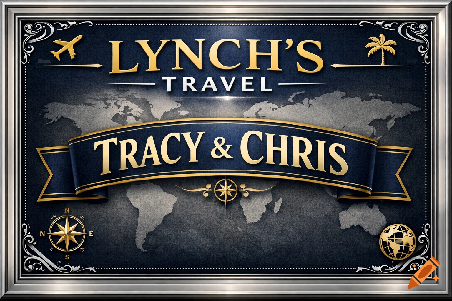 Ornate dark blue business sign for Lynch's Travel, Tracy & Chris, with gold text and travel icons like an airplane, palm tree, and world map.