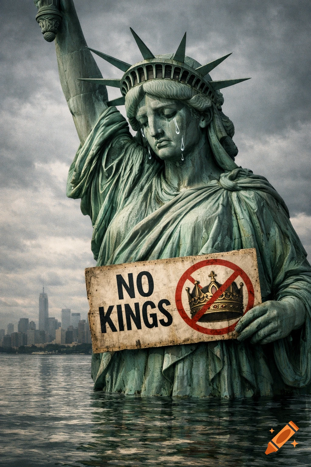 Crying Statue of Liberty holding a 'NO KINGS' sign with a crossed-out crown, standing in water with the NYC skyline in the background.