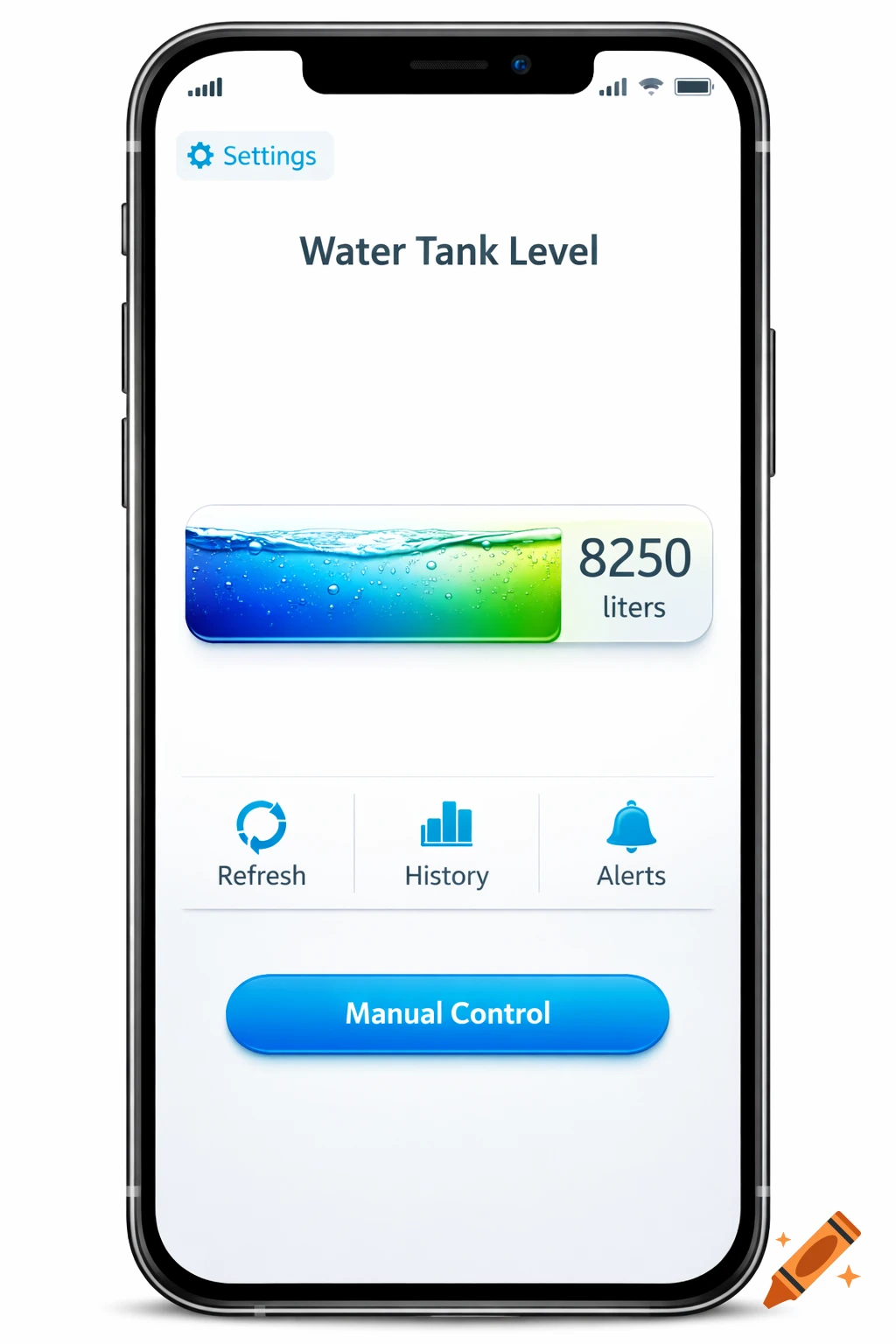 A smartphone app screen displaying a water tank level interface with a progress bar, '8250 liters', and control buttons.