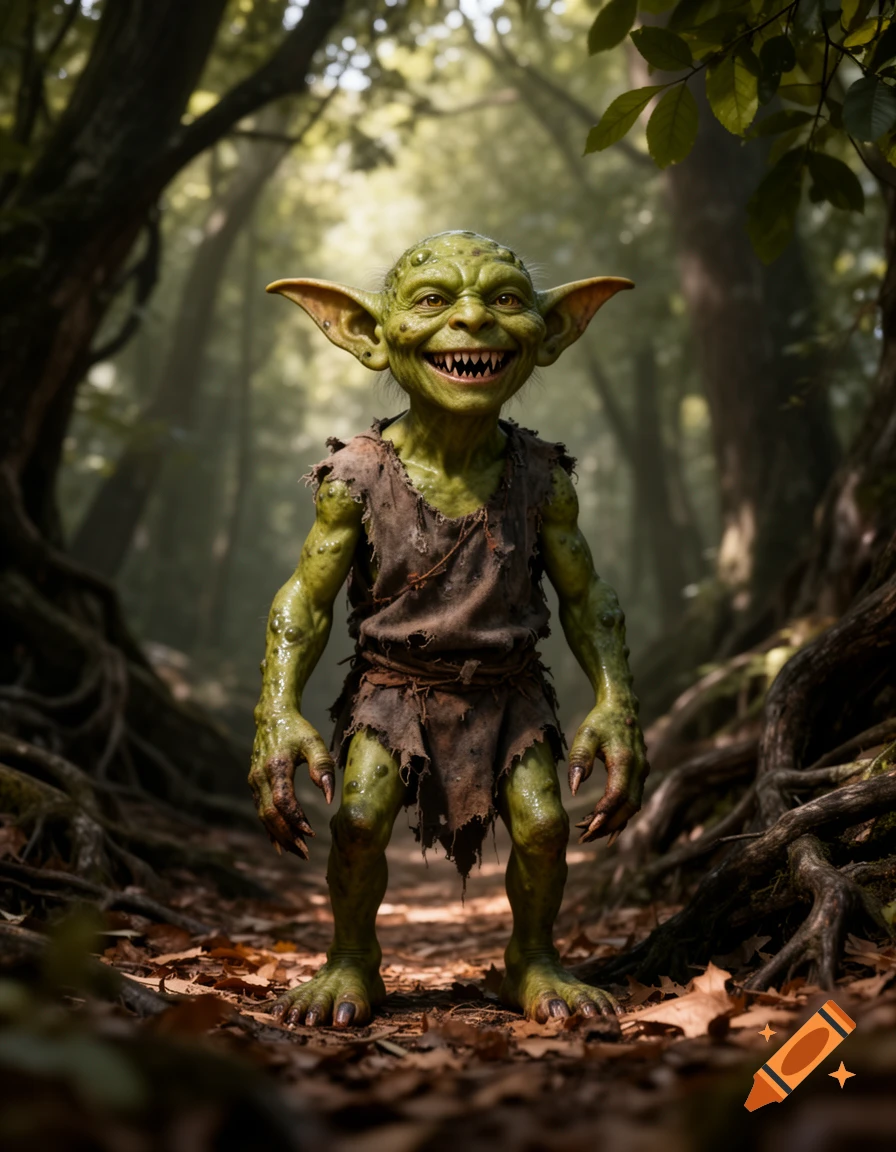 A detailed, photorealistic green goblin with large ears and a wide, toothy smile stands on a forest path.