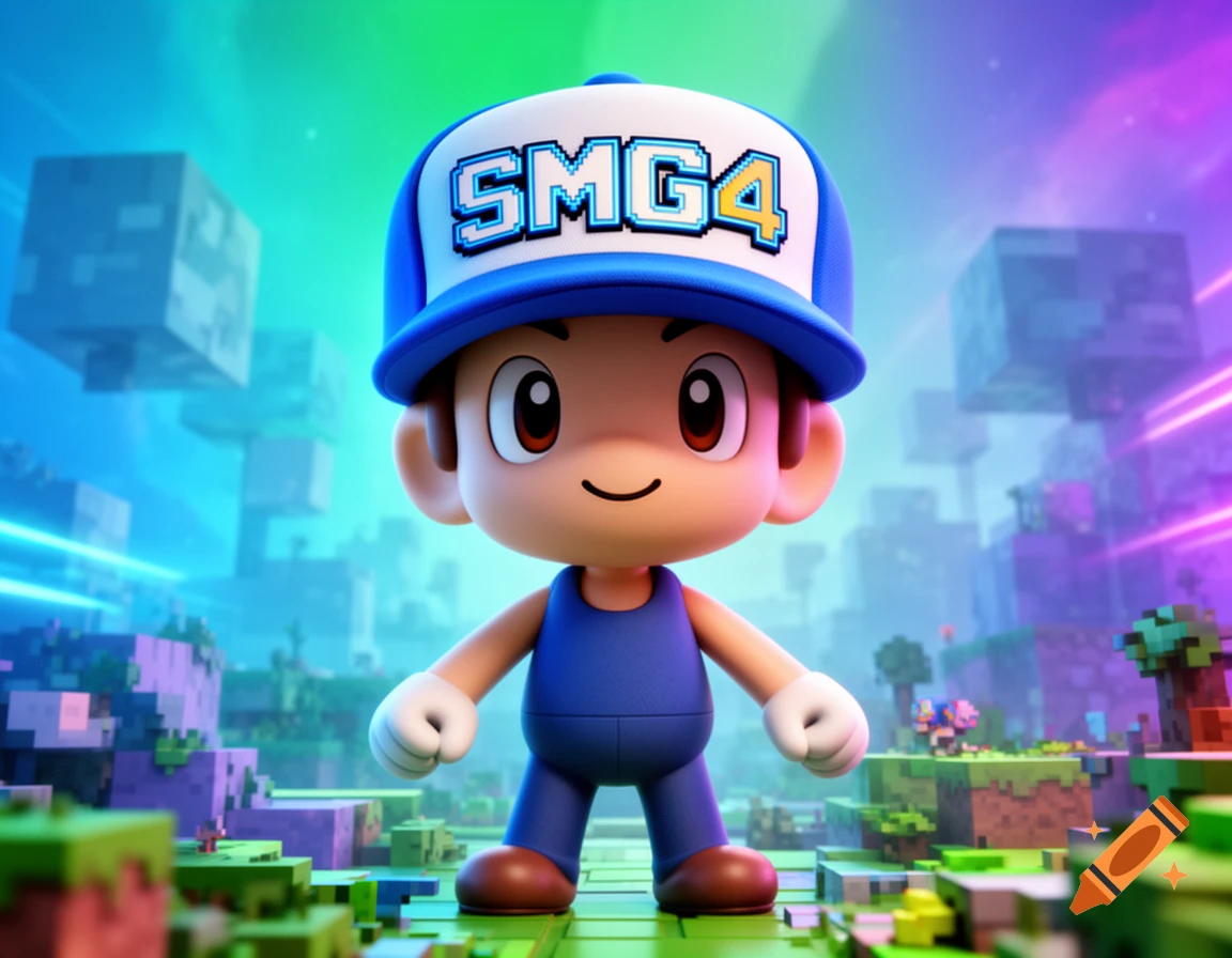 A cute, animated boy in blue overalls and an SMG4 cap stands in a vibrant, blocky world resembling Minecraft.
