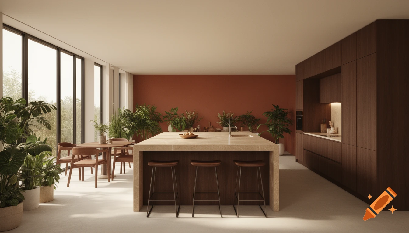 A modern open-plan kitchen and dining room with dark wood cabinets, a beige marble island with stools, a terracotta accent wall, and numerous indoor plants. Natural light streams through large windows.