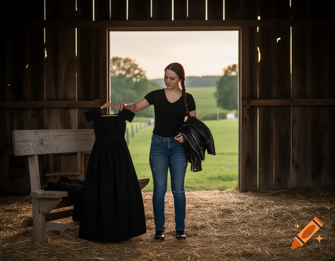 A young woman in a barn, holding a black dress and a leather jacket, looking towards a sunny field.