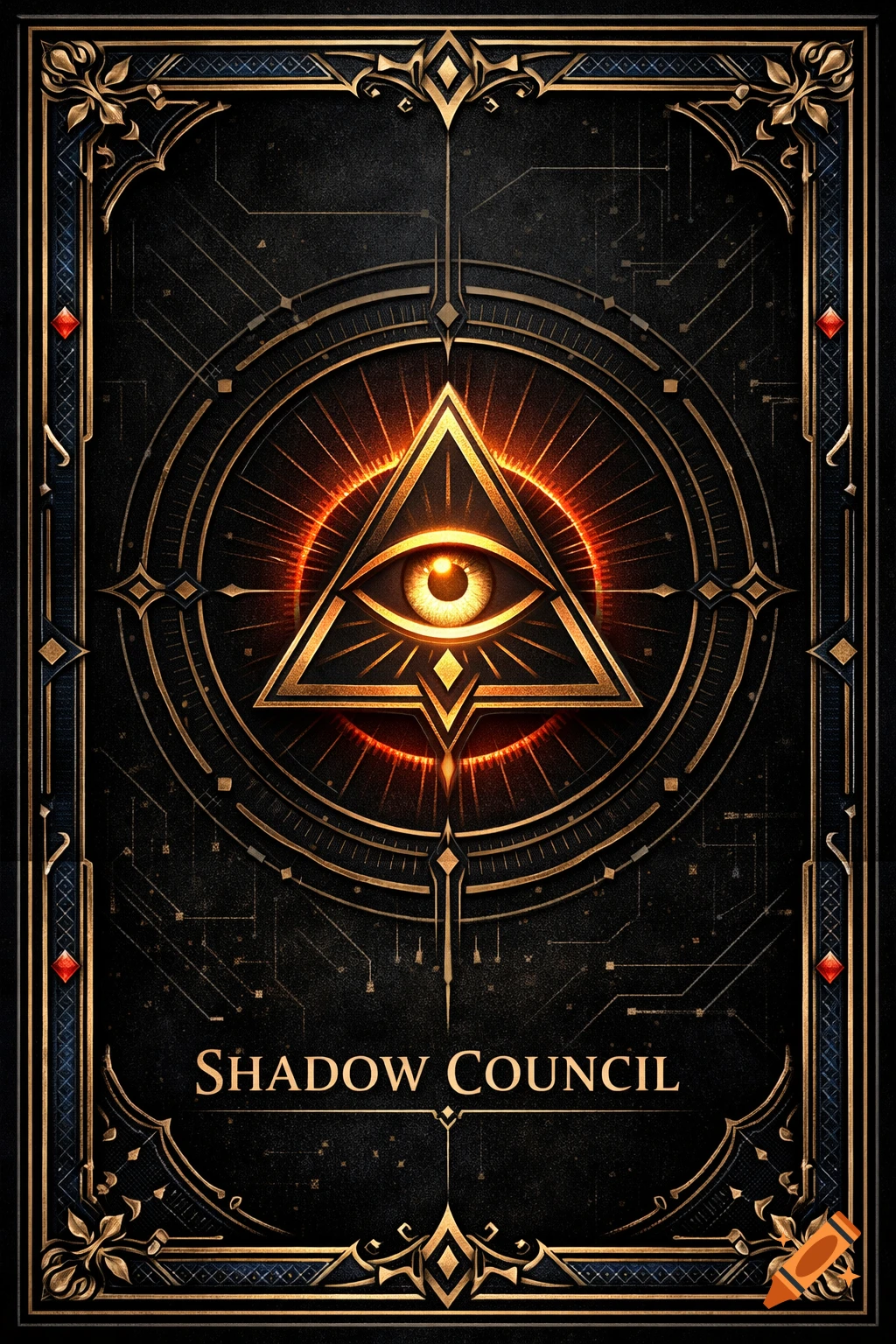 Elegant dark card back with a glowing eye in a golden triangle, ornate border, and 'SHADOW COUNCIL' text.