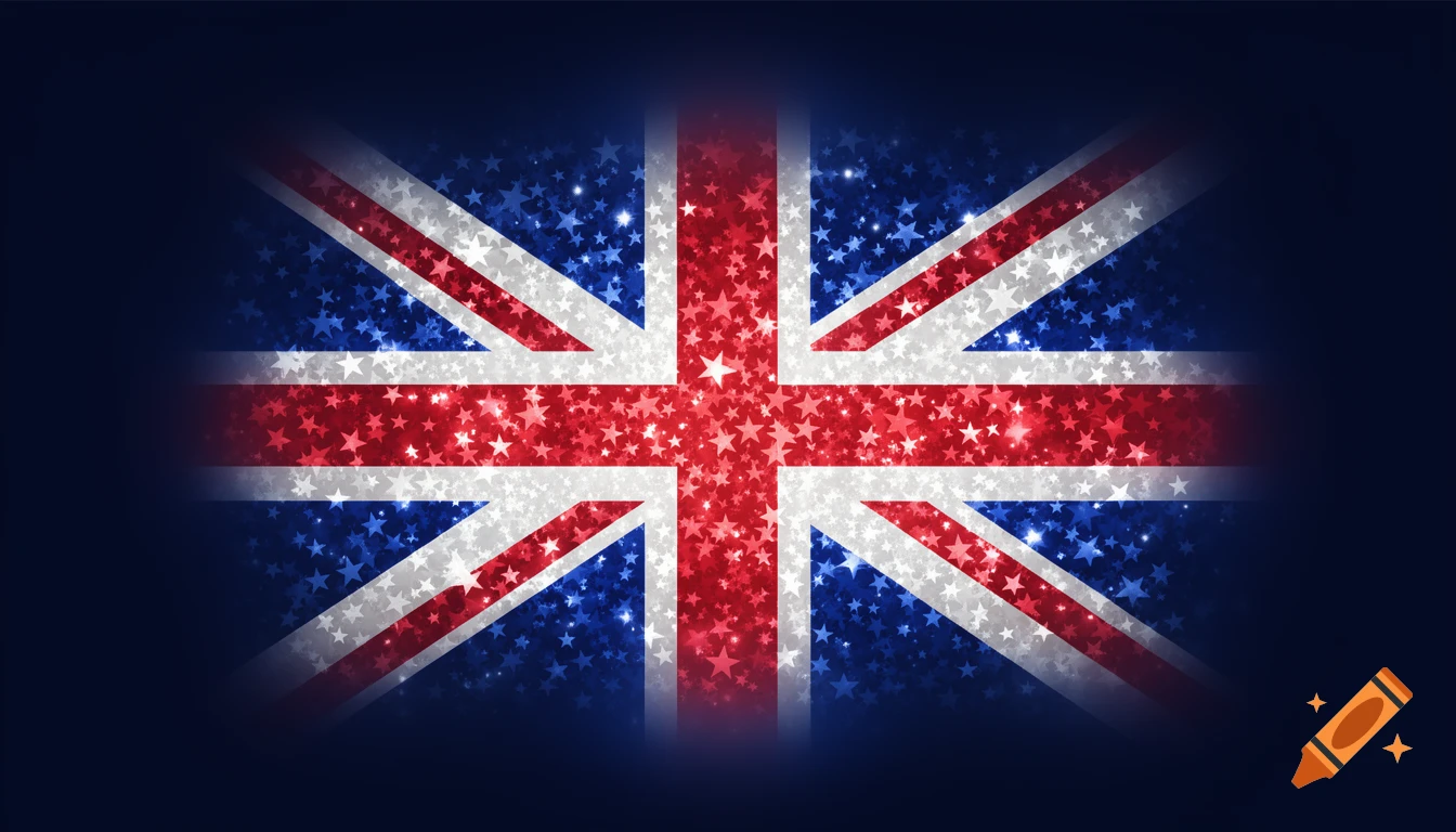 Stylized British flag composed of countless glowing red, white, and blue stars against a dark blue background.