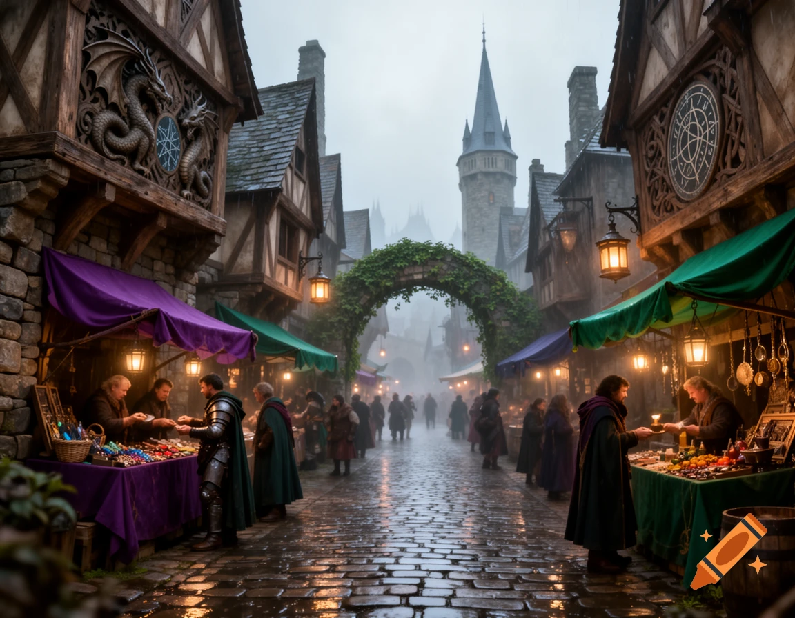 A rainy cobblestone street in a bustling medieval fantasy town, with market stalls, vendors, and an archway leading to a distant castle.