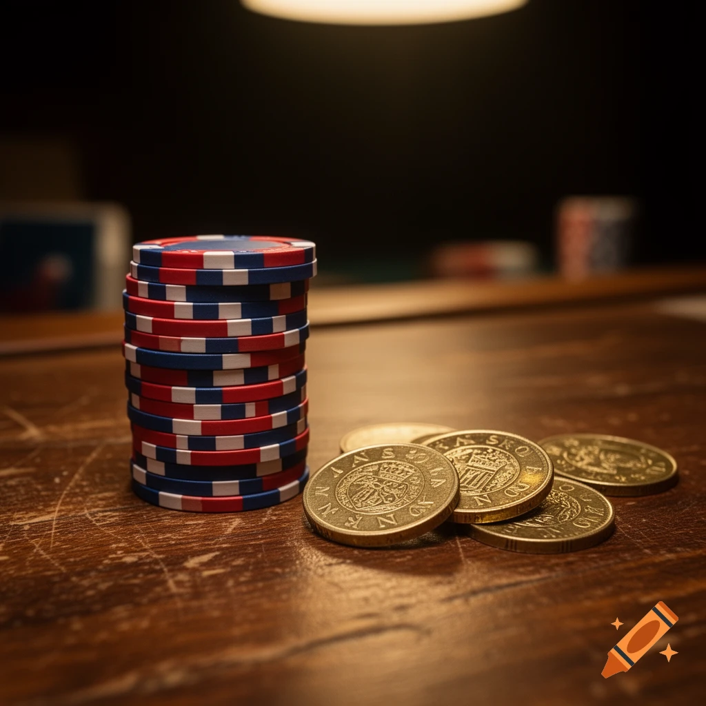 Stack of red, white, and blue poker chips next to gold coins on a scratched wooden table under a warm light.