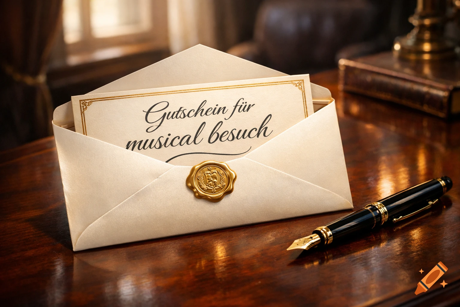 A beige envelope containing a voucher that reads 'Gutschein für musical besuch', sealed with a gold wax stamp, next to a black and gold fountain pen on a wooden desk.