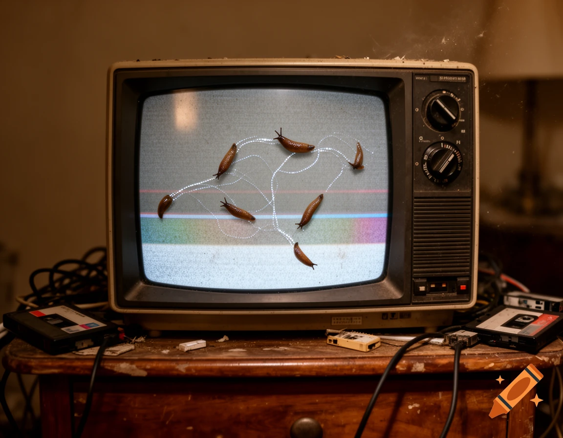 Slugs crawl on the static screen of a dusty, retro CRT television, surrounded by wires and old cassette tapes.