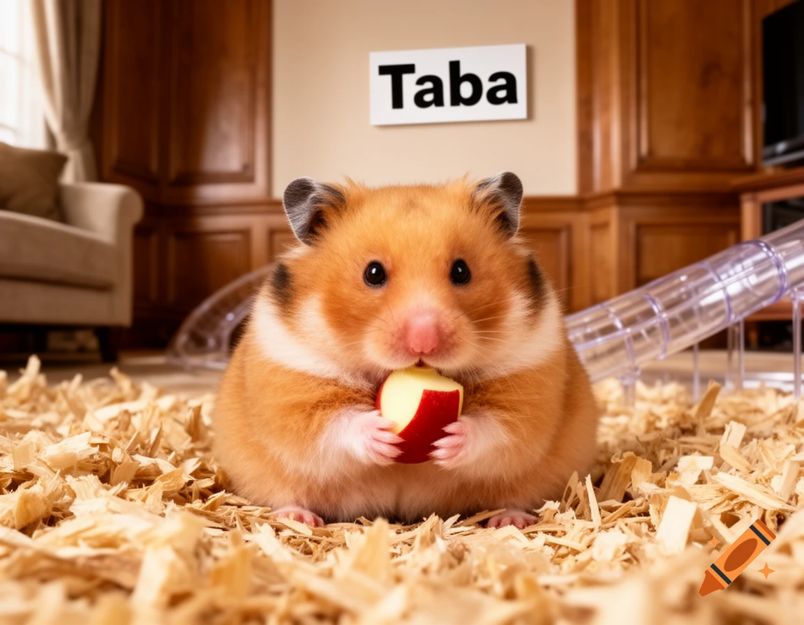 A fluffy brown and white hamster sits on wood shavings, holding and eating a piece of red and yellow apple. The word "Taba" is on a white sign in the background.