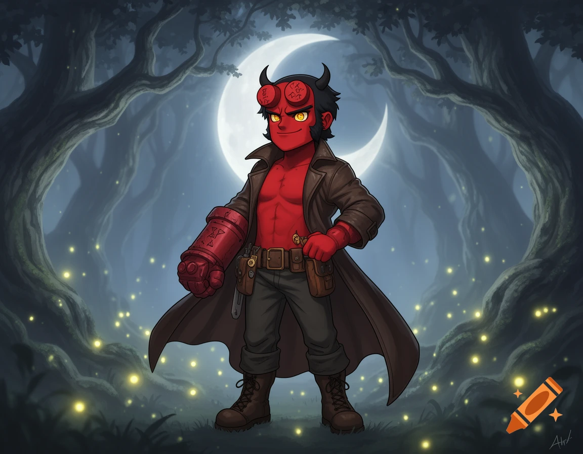 Anime style Hellboy, a red-skinned, horned demon in a trench coat, stands in a mystical forest with a crescent moon and fireflies.