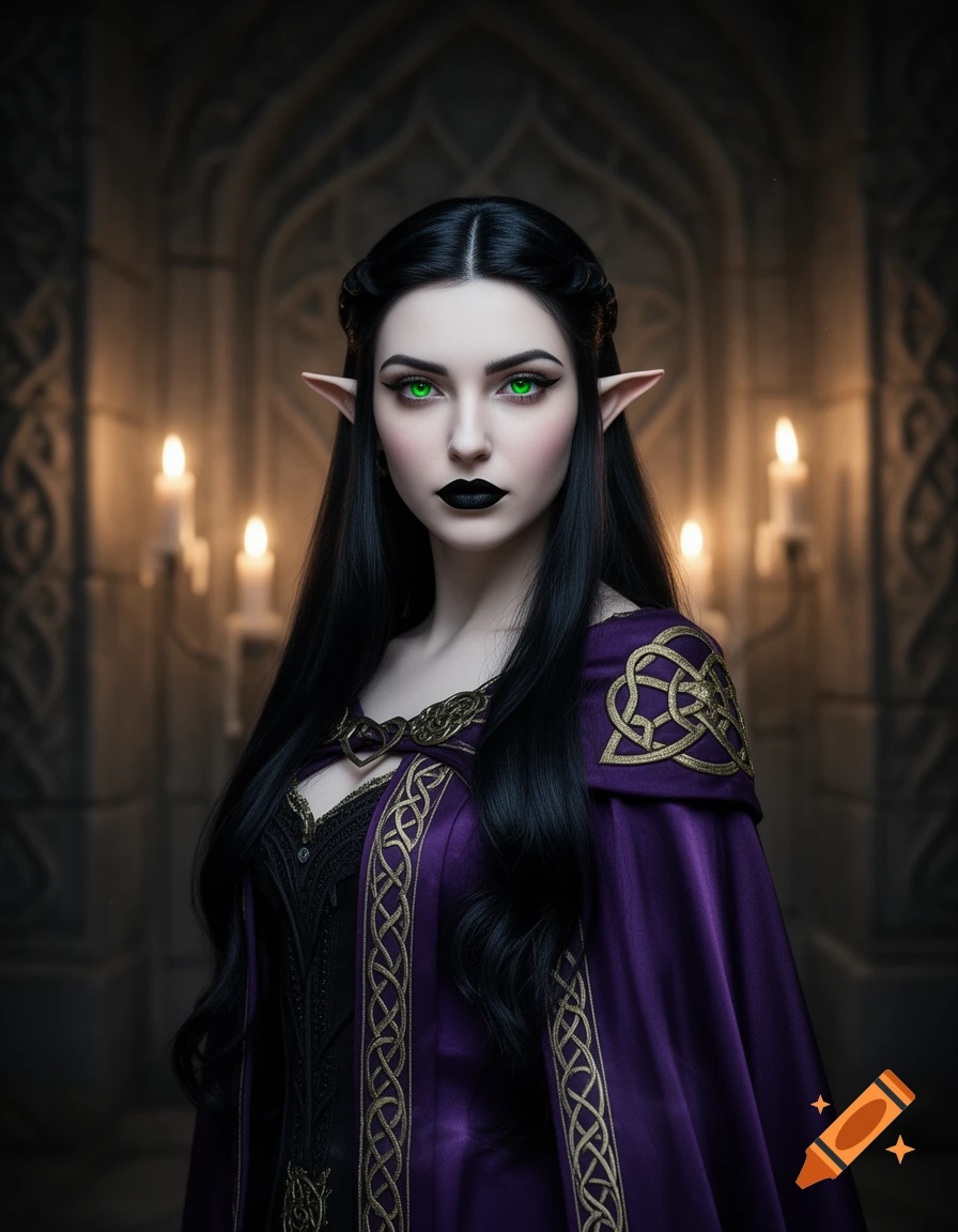 Photorealistic portrait of a gothic elf woman with long black hair ...