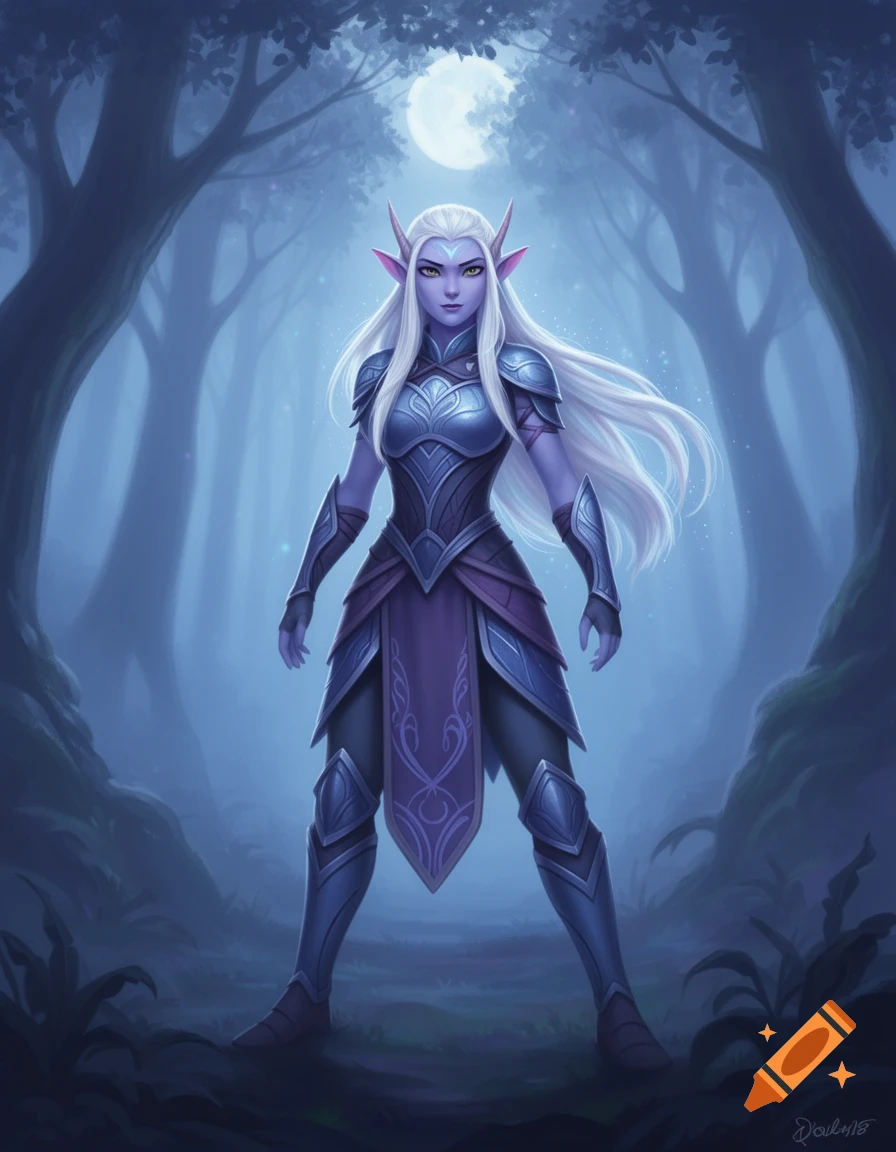 A purple-skinned female elf with long white hair and intricate armor ...