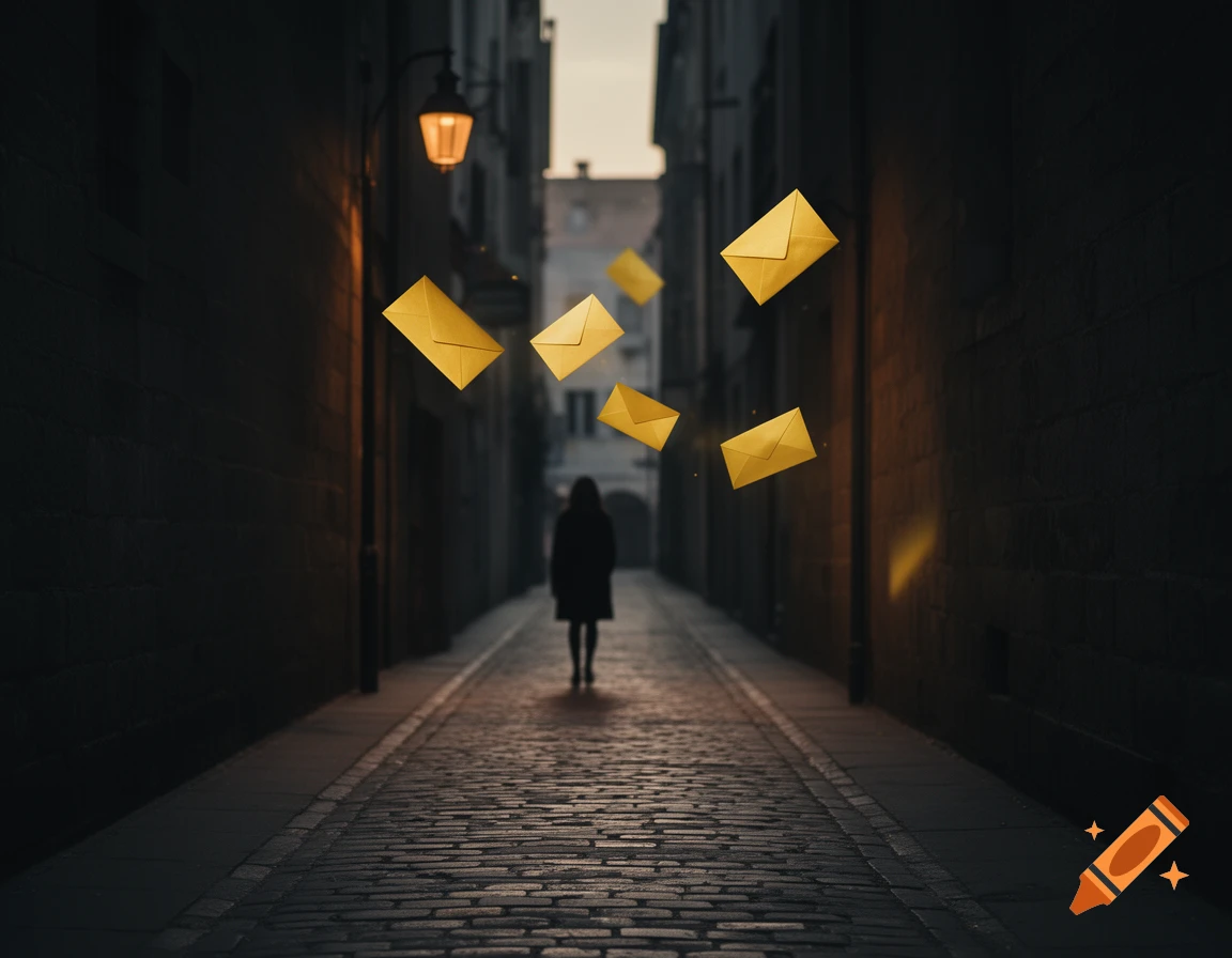 A dark, narrow alley lit by a single lantern. A lone figure walks away, surrounded by golden, glowing envelopes floating in the air.