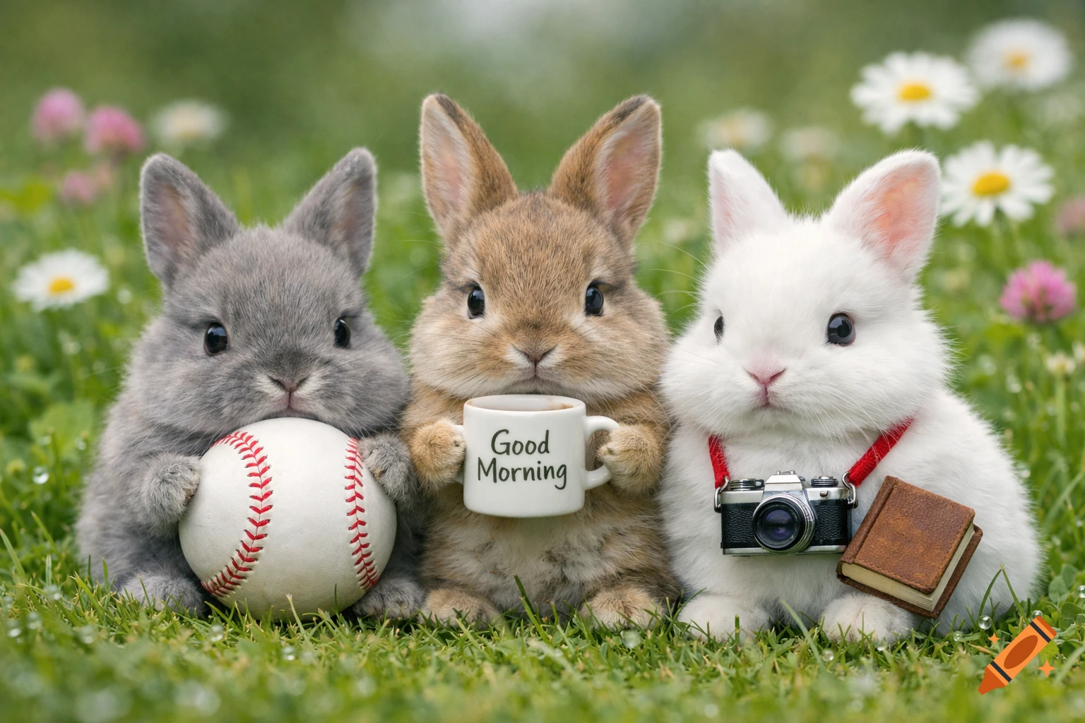 Three cute bunnies in a grassy field. One holds a baseball, one a 'Good Morning' mug, and one has a camera and book.