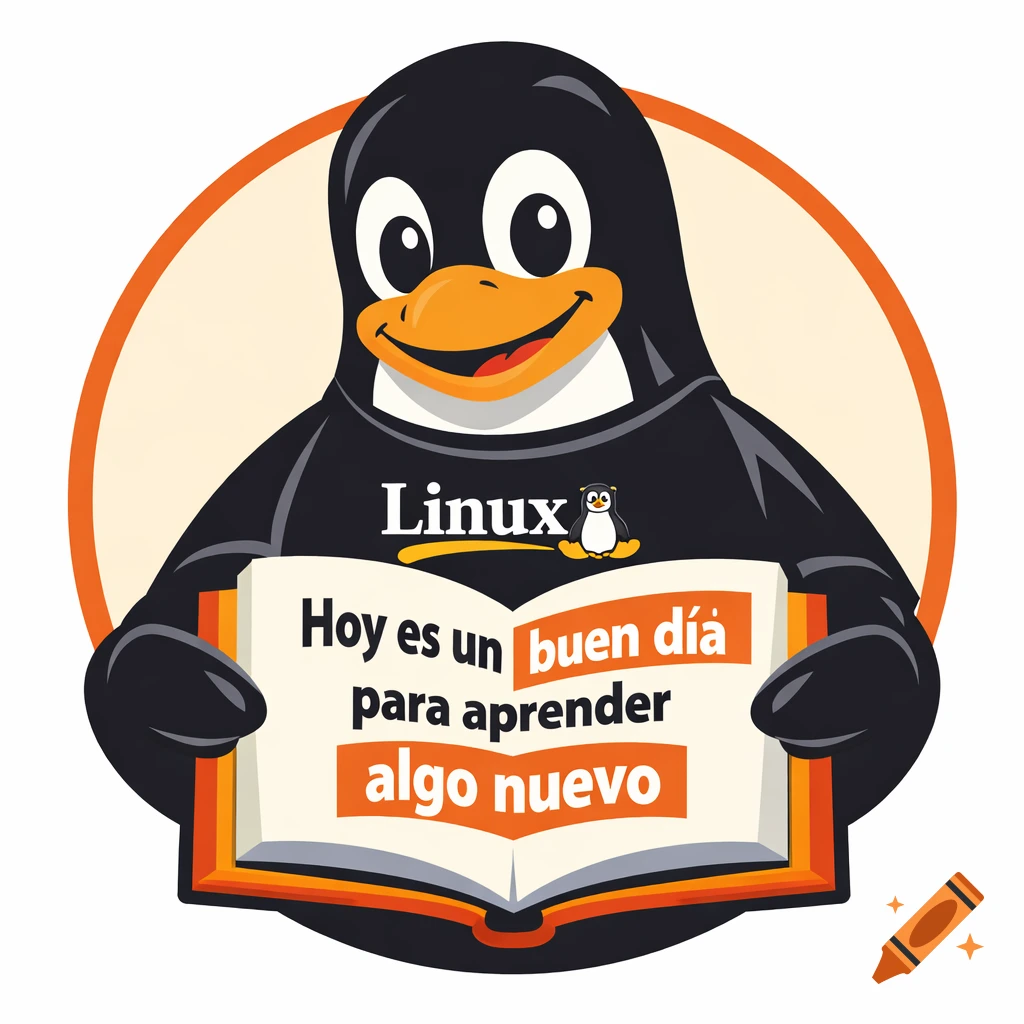 A cartoon Linux penguin (Tux) wearing a Linux shirt, holding an open book that reads "Hoy es un buen día para aprender algo nuevo" (Today is a good day to learn something new) in a circular frame.