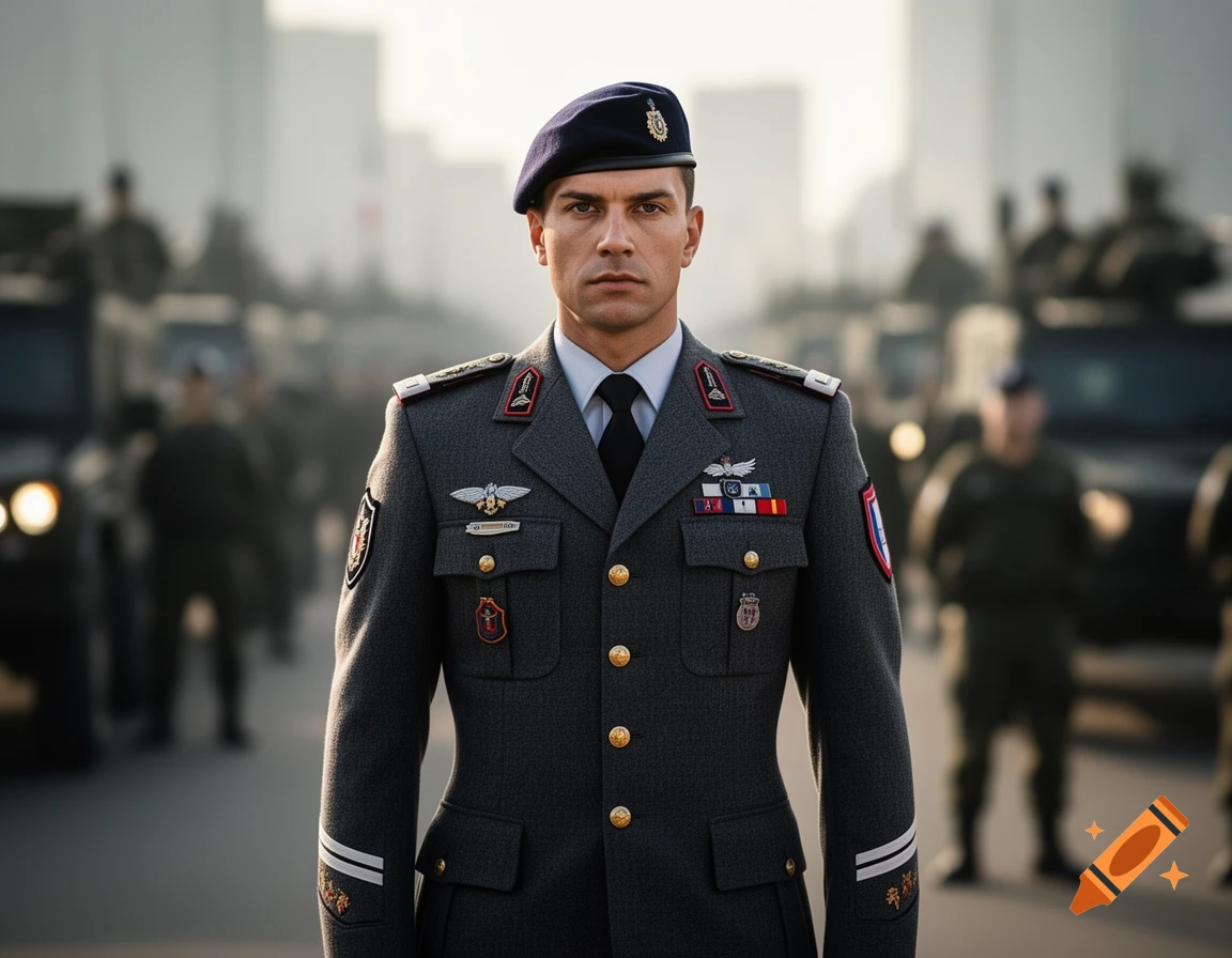 A serious man in a grey military uniform and dark beret stands, looking forward. Blurred military figures and vehicles are in the background. Photorealistic.