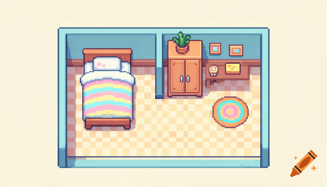 Top-down pixel art view of two connected rooms, one a bedroom with a striped bed, the other with a wardrobe, desk, and circular rug.