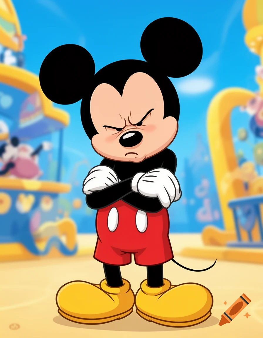 Cartoon Mickey Mouse pouting with arms crossed, looking down in a brightly colored, blurred background.