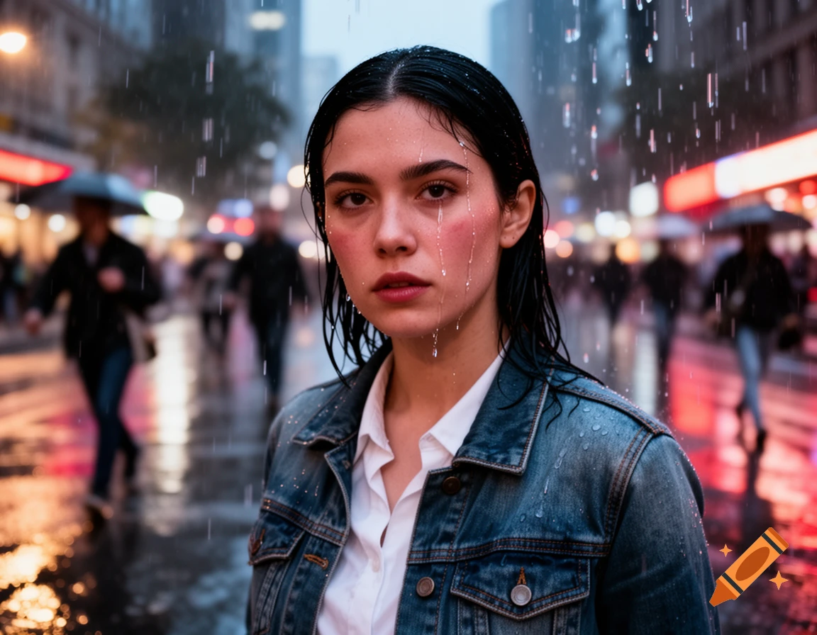 Photorealistic portrait of a young woman with wet hair and a denim jacket, standing in the rain on a blurry city street at night.