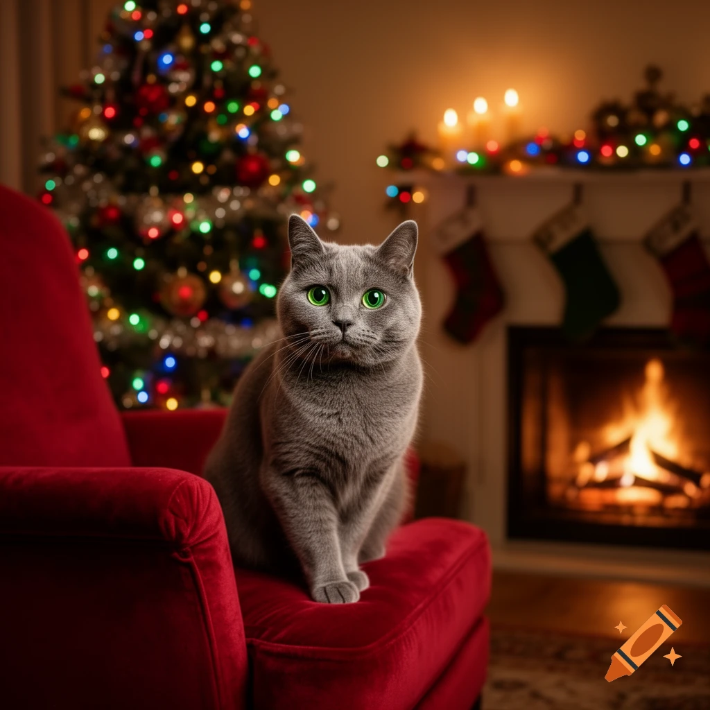 A photorealistic gray cat with bright green eyes sits on a red armchair in a festive living room with a lit Christmas tree and fireplace.